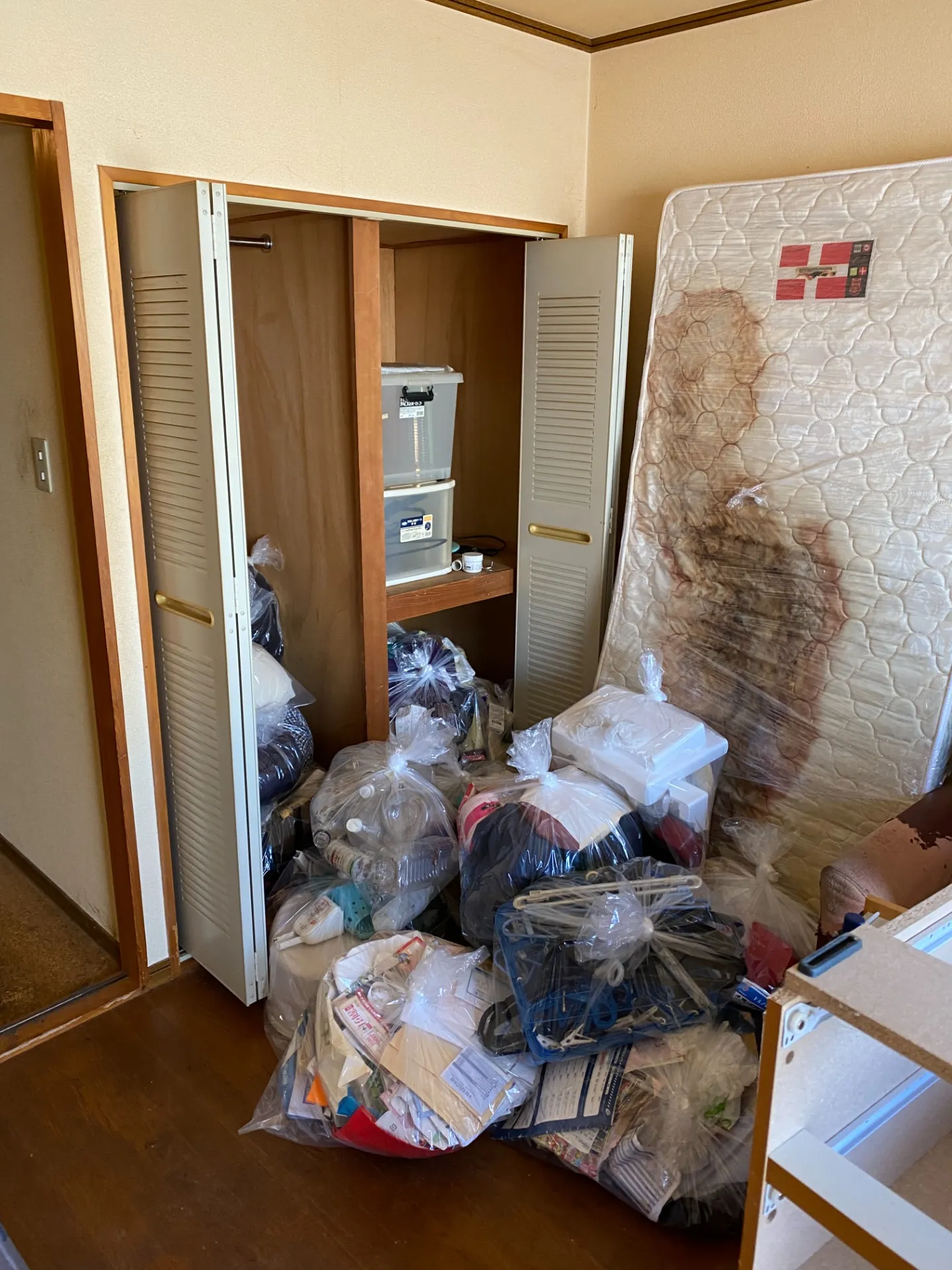 家財整理後、ベッド周辺の汚損状況が確認できました。